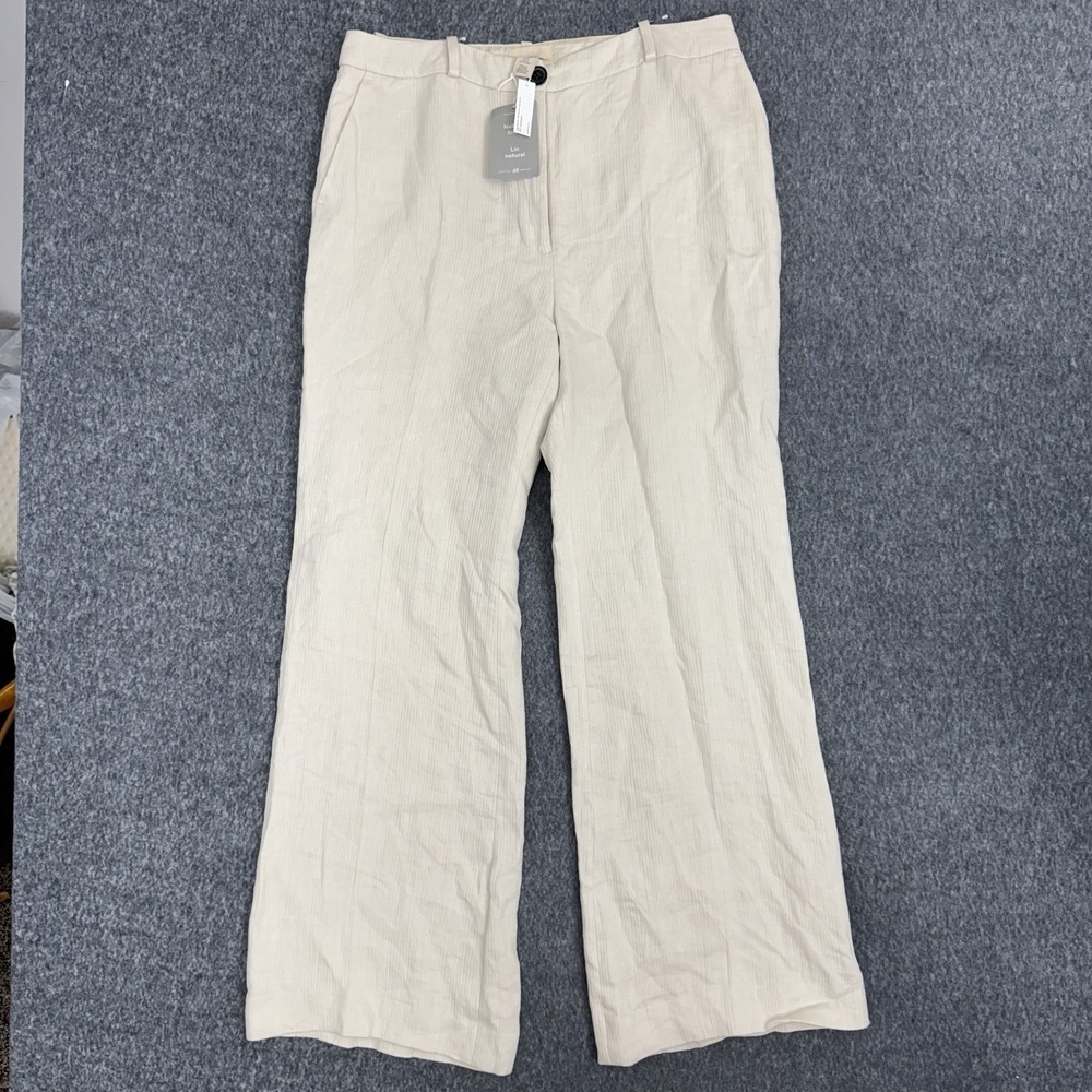 H&M White Linen Wide-Leg Women's Dress Pants, Size 14, Zipper, Flat Front